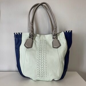 EUC‎ OrYANY Lyssie Braided Leather Tote Shoulder Bag Blue Baseball Theme